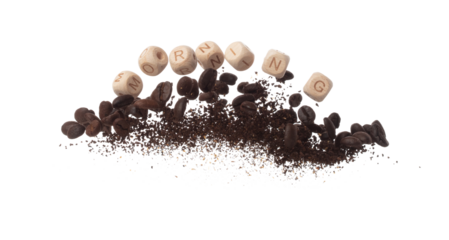 Rich aroma freshly roasted coffee beans fly in air as dance alongside alphabet letter blocks toy beads "MORNING", embodying essence of the coffee seed powder. White background isolated explosion