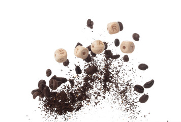 Rich aroma freshly roasted coffee beans fly in air as dance alongside alphabet letter blocks toy...