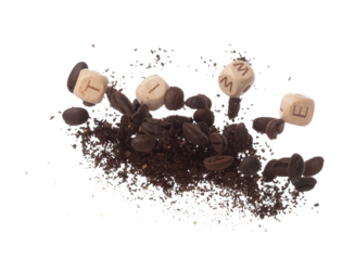Rich aroma freshly roasted coffee beans fly in air as dance alongside alphabet letter blocks toy beads "TIME", embodying essence of the coffee seed powder. White background isolated explosion
