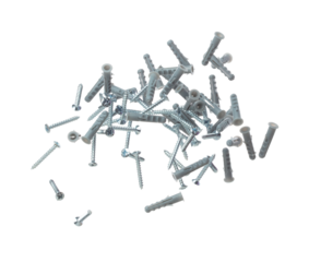 Flying Plastic gray dowel and screw in air. Expansion anchors, fixing dowel with chromed screw. Many pair of screw and dowel anchors floating in group. White background isolated