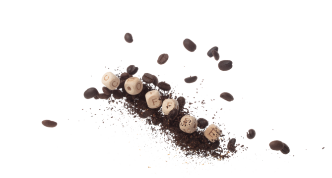 Rich aroma freshly roasted coffee beans fly in air as dance alongside alphabet letter blocks toy beads "Coffee", embodying essence of the coffee seed powder. White background isolated explosion