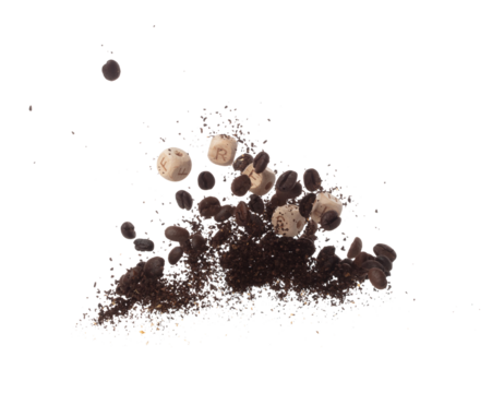 Rich aroma freshly roasted coffee beans fly in air as dance alongside alphabet letter blocks toy beads "FRESH", embodying essence of the coffee seed powder. White background isolated explosion