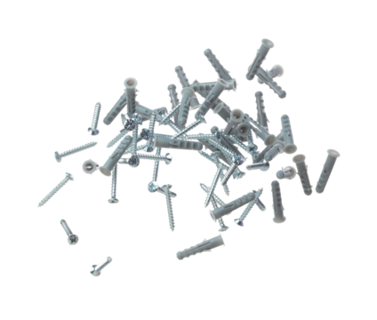 Flying Plastic gray dowel and screw in air. Expansion anchors, fixing dowel with chromed screw. Many pair of screw and dowel anchors floating in group. White background isolated