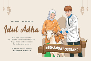 Happy eid al adha. Happy muslim couple buy a goat for qurban celebration vector illustration