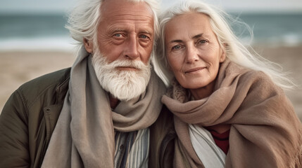Beautiful old man and woman posing together at the seaside. AI generated.