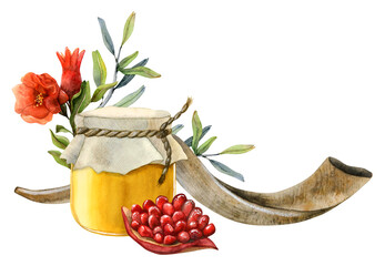 Happy Rosh Hashanah greeting banner template with honey jar, pomegranate fruit, flowers and leaves, long shofar horn watercolor illustration isolated on white for Jewish new year and yom kippur - obrazy, fototapety, plakaty