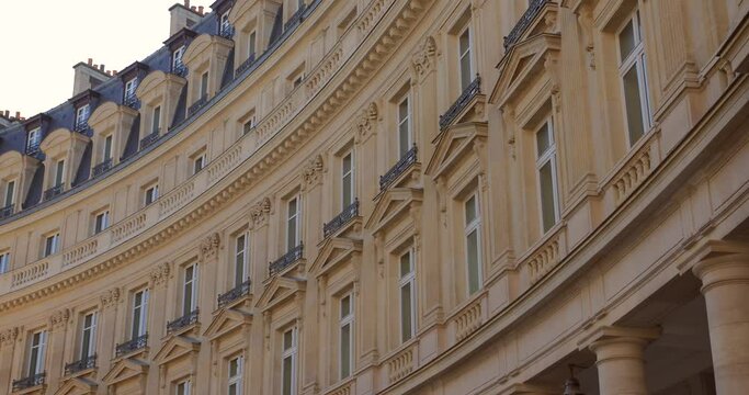 Haussmann French Architecture Facade In Paris, France. Low Angle
