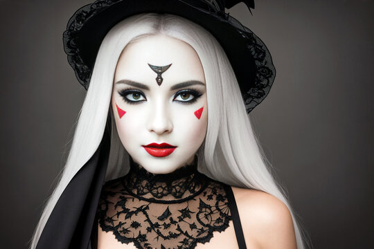 Halloween holiday. Girl in a witch costume with scary makeup for halloween autumn holiday celebration party. Generative AI
