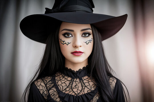 Halloween holiday. Girl in a witch costume with scary makeup for halloween autumn holiday celebration party. Generative AI