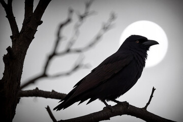 A black raven sits on a withered tree branch in the forest at night in the moonlight. Terrible picture. halloween night. Generative AI
