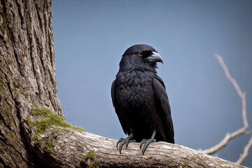 Fototapeta premium A black raven sits on a withered tree branch in the forest at night in the moonlight. Terrible picture. halloween night. Generative AI