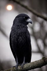 Fototapeta premium A black raven sits on a withered tree branch in the forest at night in the moonlight. Terrible picture. halloween night. Generative AI
