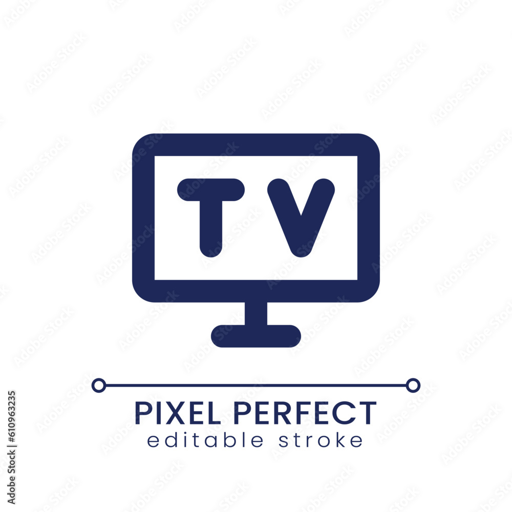 Poster television pixel perfect linear ui icon. living room appliance. broadcasting. hotel service. gui, ux