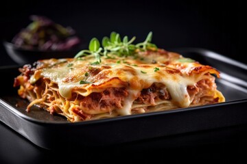 Macro view photography of a tempting lasagna on a porcelain platter against a black slate background. With generative AI technology