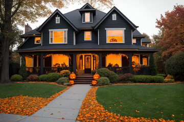 Country house decorated with halloween harvest festival attributes. Pumpkins, autumn leaves, night, jack o lantern, fear and horror. Generative AI