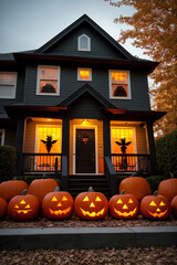 Obraz premium Country house decorated with halloween harvest festival attributes. Pumpkins, autumn leaves, night, jack o lantern, fear and horror. Generative AI