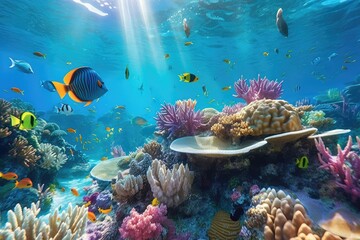 Naklejka na ściany i meble Underwater view photo realistic illustration - Generative AI.