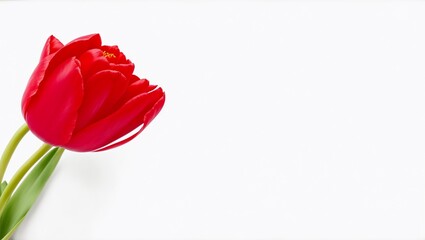 One red tulip flower laying on white background with copy space for text, generative ai