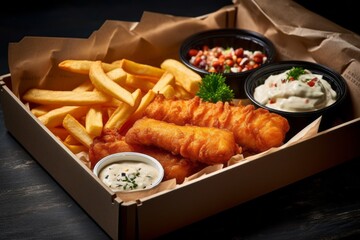 Highly detailed close-up photography of a tempting fish and chips in a bento box against a rustic textured paper background. With generative AI technology