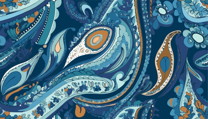 Modern hand drawn paisley ornament pattern in blue tones. Abstract trendy ethnic style. Fashionable vector template for your design