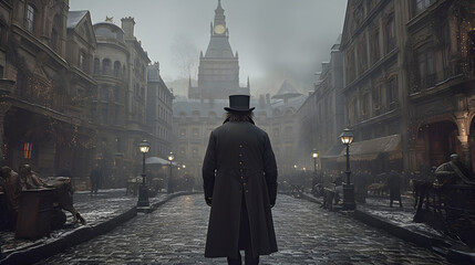 person walking in victorian city - obrazy, fototapety, plakaty