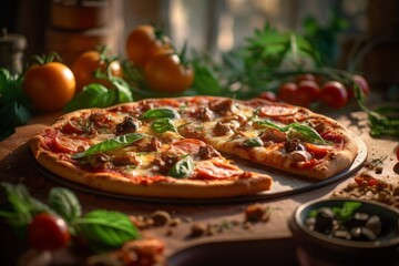 Obraz na płótnie Canvas Rustic ambiance close-up photography of a tempting pizza on a rustic plate against a natural linen fabric background. With generative AI technology