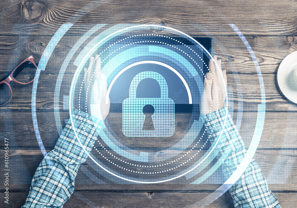 Poster concept of computer access with media lock icon on tablet screen