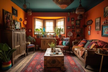 Living room in Loft in Traditional design style characterized by rich color palettes, a variety of textures and patterns, and classic artwork and furniture. Architecture and Real estate, AI generative