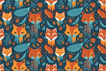 Cute seamless pattern of foxes on a forest background with leaves and dots. Generative AI illustration