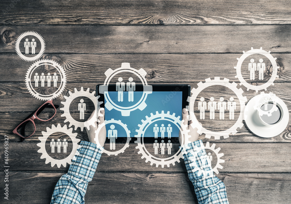 Poster concept of teamworking and connection with gears mechanism and tablet pc