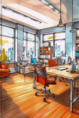 watercolor and sketch, bright interior of a office, hand drawn style illustration, Generative AI