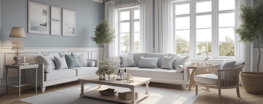 Banner - Living room in Coastal/Hamptons design inspired by the beach, design style is characterized by a light and airy color palette with nautical themes. Architecture, Real estate, AI generative