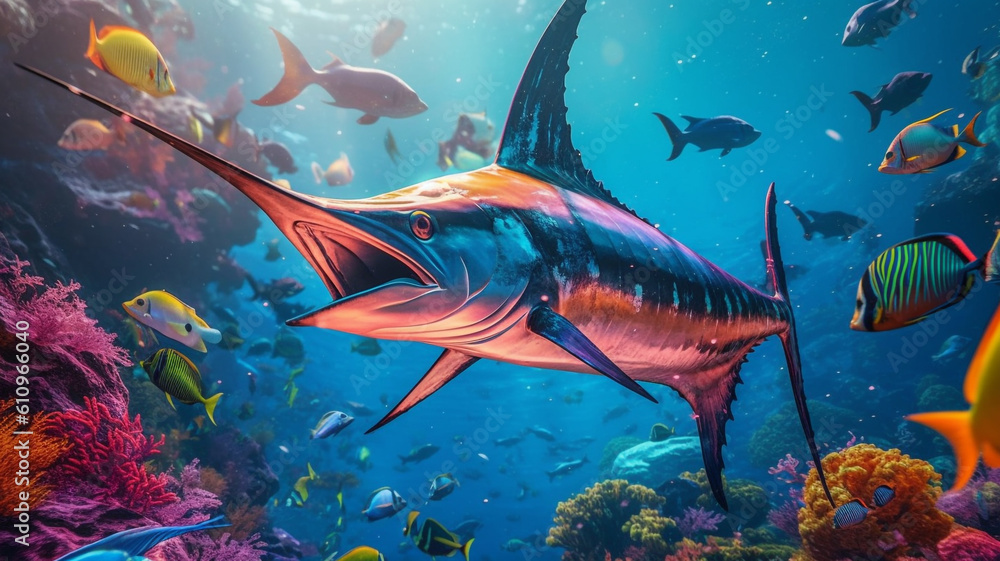 Wall mural marlín fish in the coral reef, animals of the underwater sea world, Generative AI.