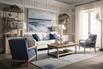Fototapeta na wymiar Living room in Coastal/Hamptons design inspired by the beach, this design style is characterized by a light and airy color palette with nautical themes. Architecture and Real estate, AI generative