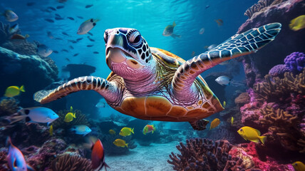 Fototapeta na wymiar turtle life in the coral reef, animals of the underwater sea world, Generative AI.