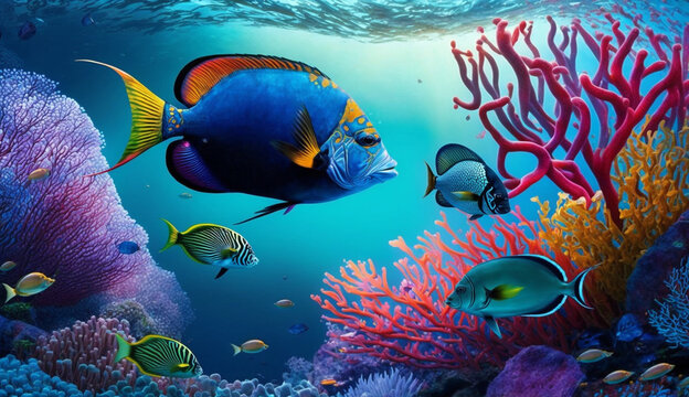 Colorful tropical fish life in the coral reef, animals of the underwater sea world, Generative AI.