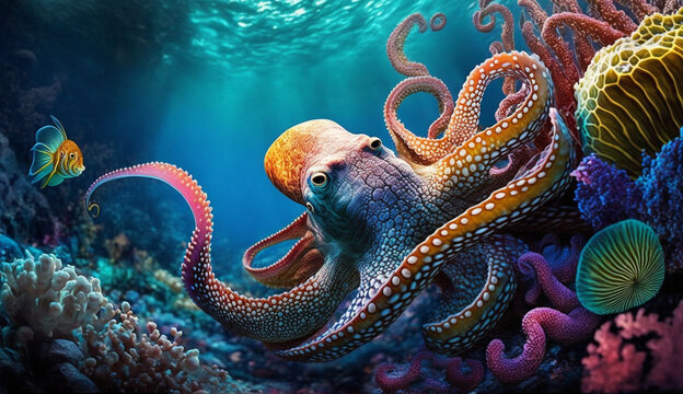 octopus in the coral reef, animals of the underwater sea world, Generative AI.