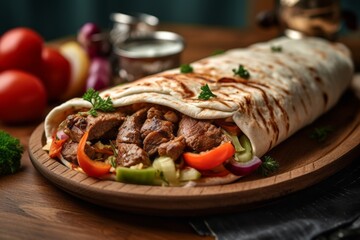 Highly detailed close-up photography of a tempting kebab on a porcelain platter against a pastel painted wood background. With generative AI technology