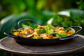 Detailed close-up photography of a refined  paella on a plastic tray against a green plant leaves background. With generative AI technology