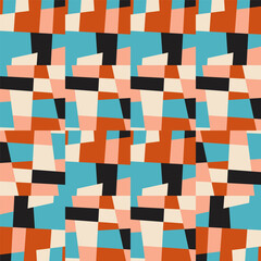 Abstract geometric vector background with random pattern of simple shapes like rectangle, square, triangle and polygon. Pastel colored retro style colorful mosaic.