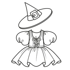 Dress with lace-up corset and witch hat outline for coloring on a white background