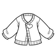 Knitted cardigan with heart button outline for coloring on a white background