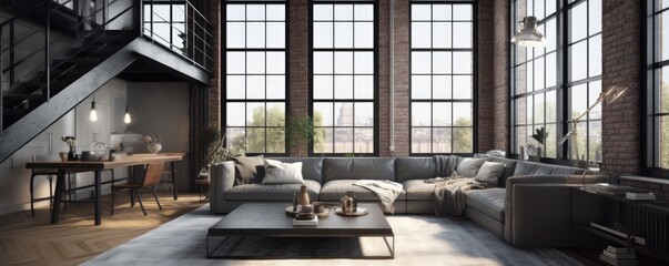 Banner - Living room in Loft in Contemporary design style typically includes clean, crisp lines, simple color palettes, and uses metal, glass, and steel. Architecture and Real estate, AI generative