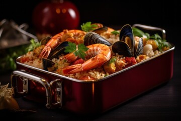 Detailed close-up photography of an exquisite paella in a bento box against a velvet background. With generative AI technology