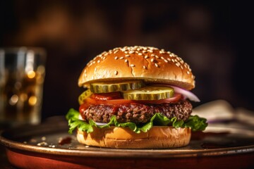 Natural light close-up photography of a tempting burguer on a rustic plate against a frosted glass background. With generative AI technology