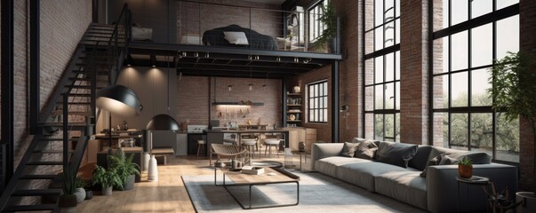 Banner - Living room in Loft in Contemporary design style typically includes clean, crisp lines, simple color palettes, and uses metal, glass, and steel. Architecture and Real estate, AI generative