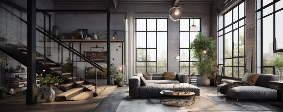 Banner - Living room in Loft in Contemporary design style typically includes clean, crisp lines, simple color palettes, and uses metal, glass, and steel. Architecture and Real estate, AI generative