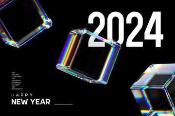 2024 New Year abstract black concept with 3d transparent multicolor cubes. Vector illustration.
