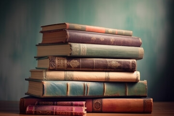 Naklejka premium Leisure, history, still life concept. Stack of vintage books background with copy space. Books with colorful ornamental side covers. Generative AI