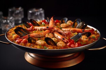 Highly detailed close-up photography of a refined  paella on a metal tray against a frosted glass background. With generative AI technology